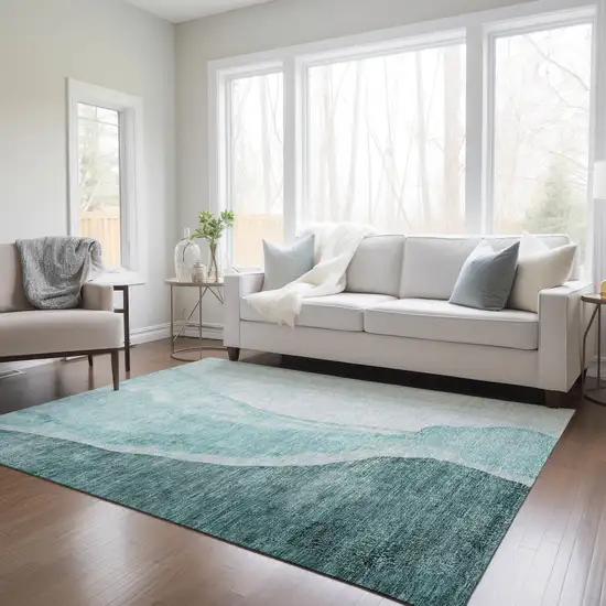 Teal Blue Aqua And Mint Green Abstract Washable Indoor Outdoor Area Rug Photo 7