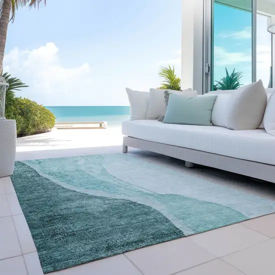 Teal Blue Aqua And Mint Green Abstract Washable Indoor Outdoor Area Rug Photo 8