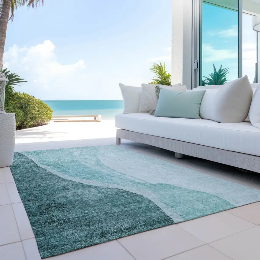 Teal Blue Aqua And Mint Green Abstract Washable Indoor Outdoor Area Rug Photo 8