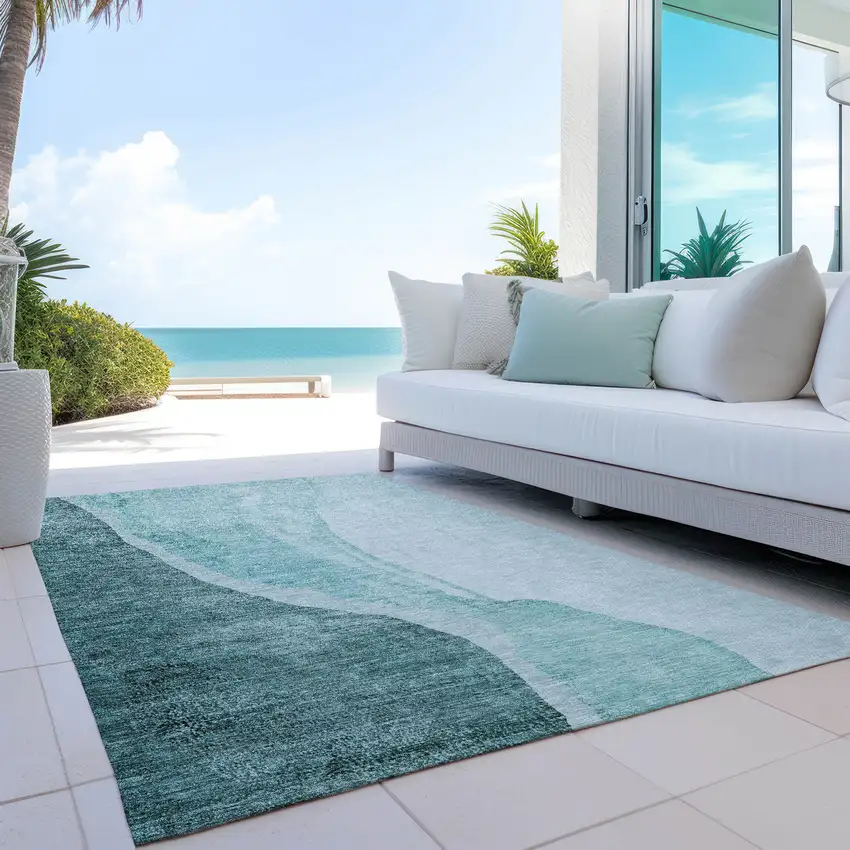 Teal Blue Aqua And Mint Green Abstract Washable Indoor Outdoor Area Rug Photo 8