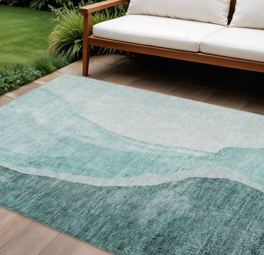 Teal Blue Aqua And Mint Green Abstract Washable Indoor Outdoor Area Rug Photo 1