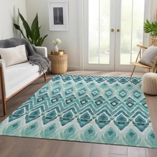 Teal Blue Aqua And Mint Green Southwestern Washable Indoor Outdoor Area Rug Photo 8