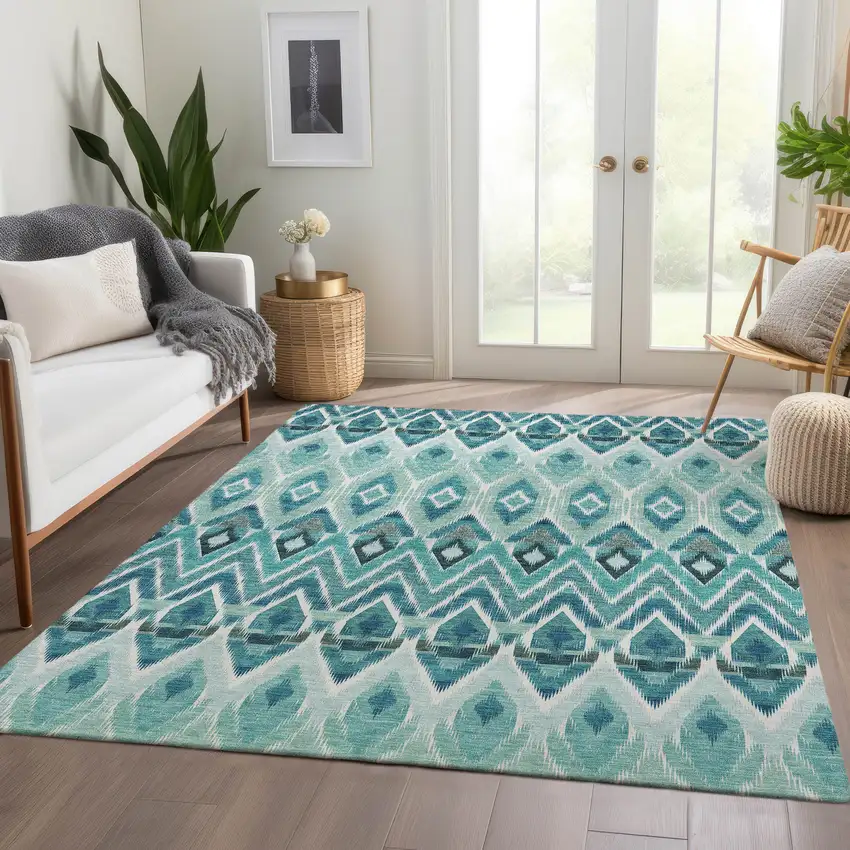 Teal Blue Aqua And Mint Green Southwestern Washable Indoor Outdoor Area Rug Photo 8