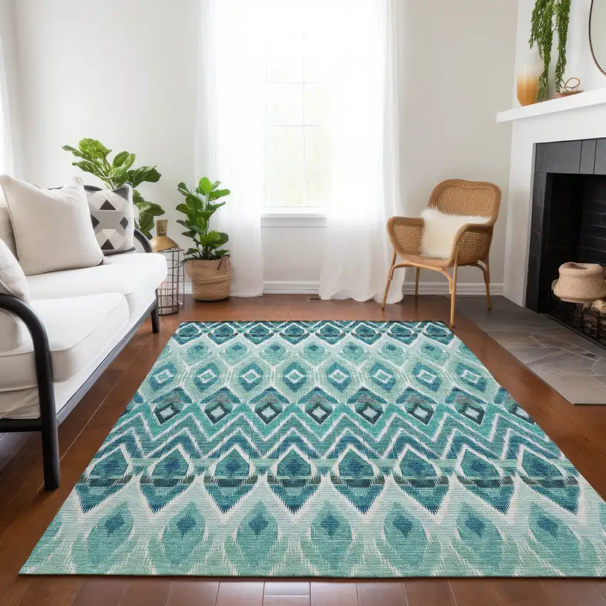 Teal Blue Aqua And Mint Green Southwestern Washable Indoor Outdoor Area Rug Photo 9