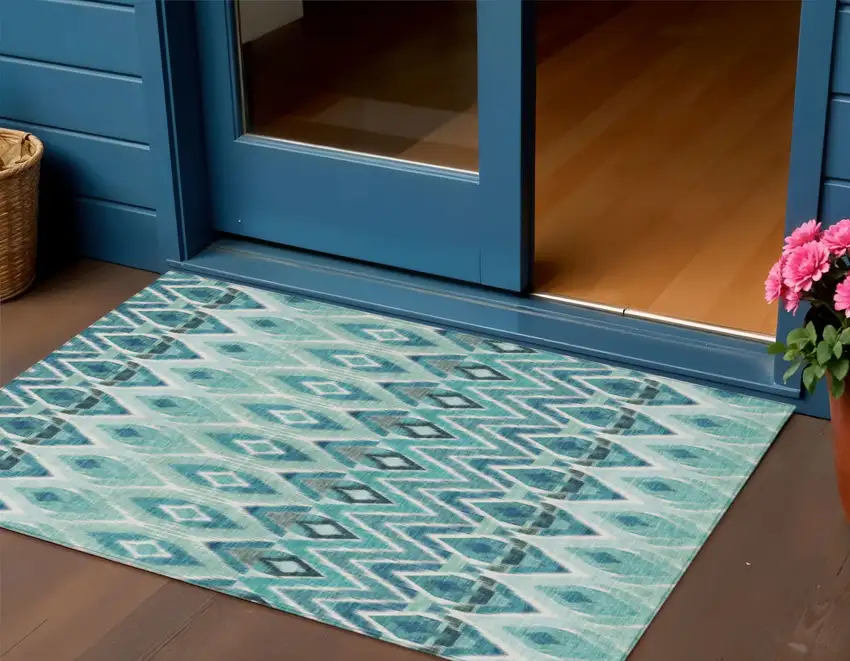 Teal Blue Aqua And Mint Green Southwestern Washable Indoor Outdoor Area Rug Photo 1
