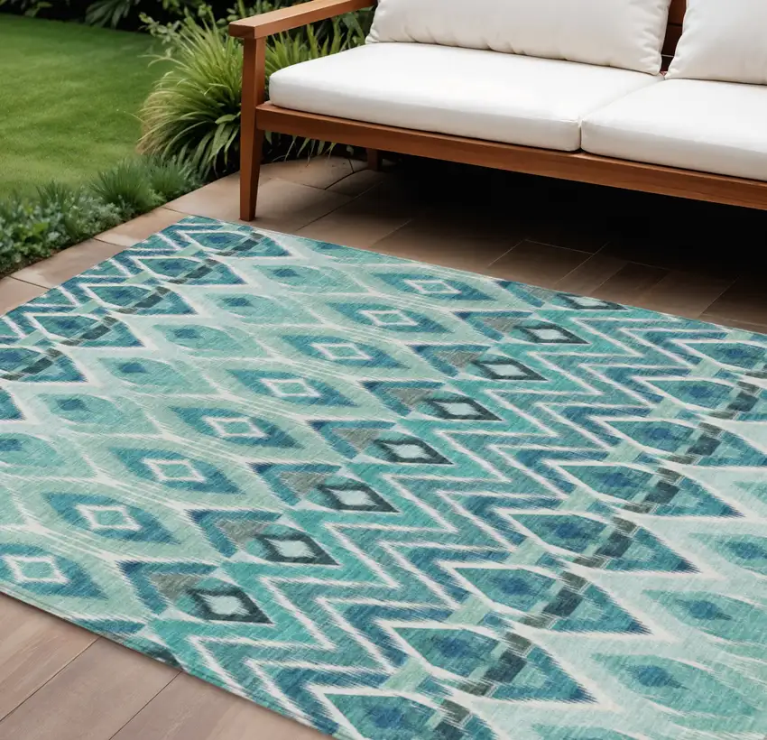 Teal Blue Aqua And Mint Green Southwestern Washable Indoor Outdoor Area Rug Photo 1
