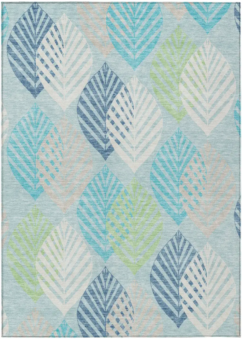 Teal Blue Aqua And Navy Blue Floral Washable Indoor Outdoor Area Rug Photo 1