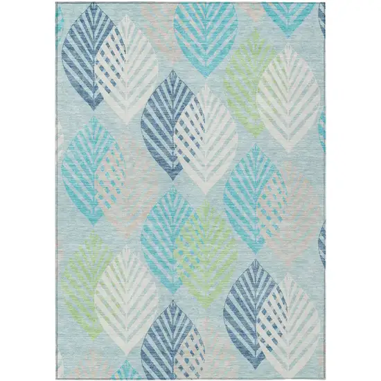 Teal Blue Aqua And Navy Blue Floral Washable Indoor Outdoor Area Rug Photo 1