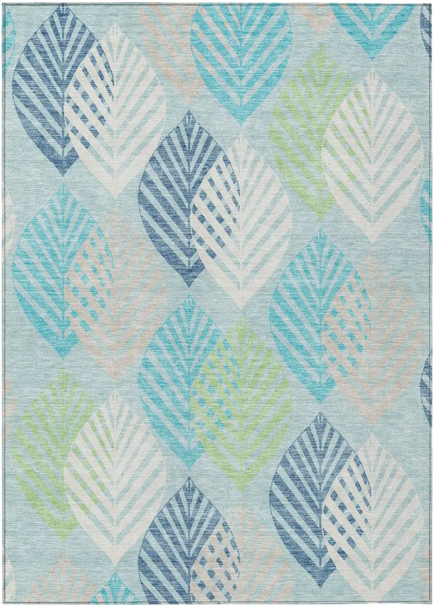 Teal Blue Aqua And Navy Blue Floral Washable Indoor Outdoor Area Rug Photo 1