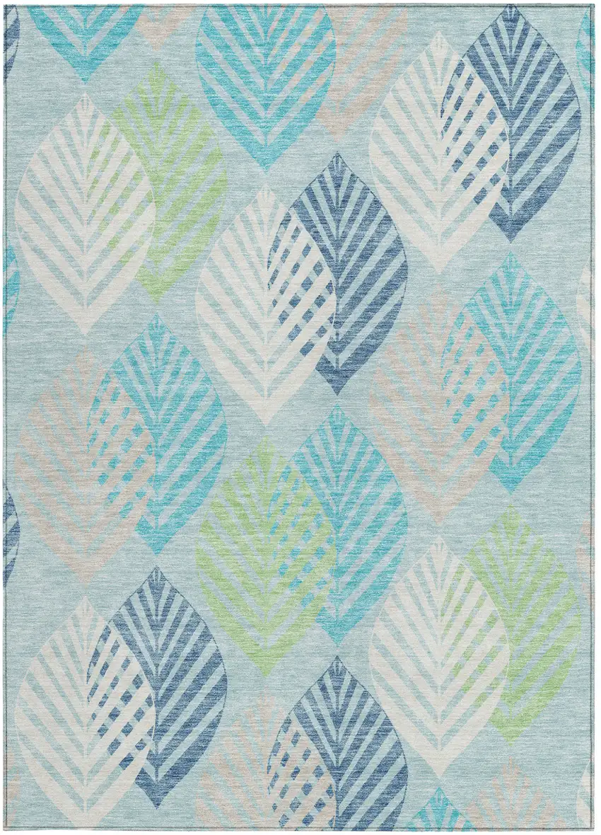 Teal Blue Aqua And Navy Blue Floral Washable Indoor Outdoor Area Rug Photo 5