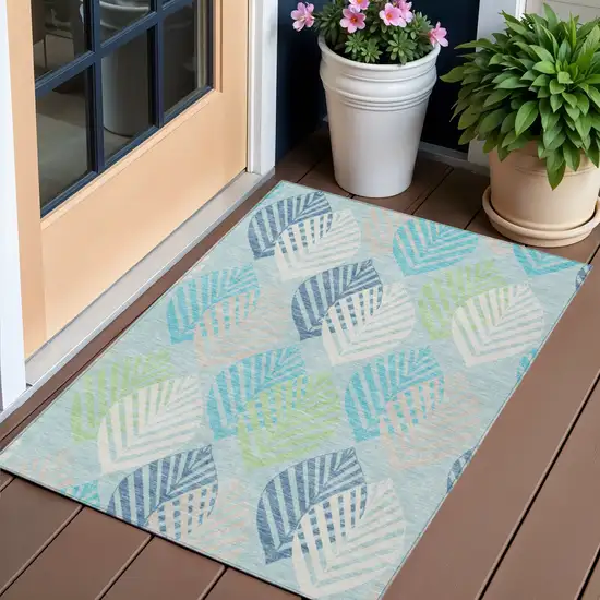 Teal Blue Aqua And Navy Blue Floral Washable Indoor Outdoor Area Rug Photo 1