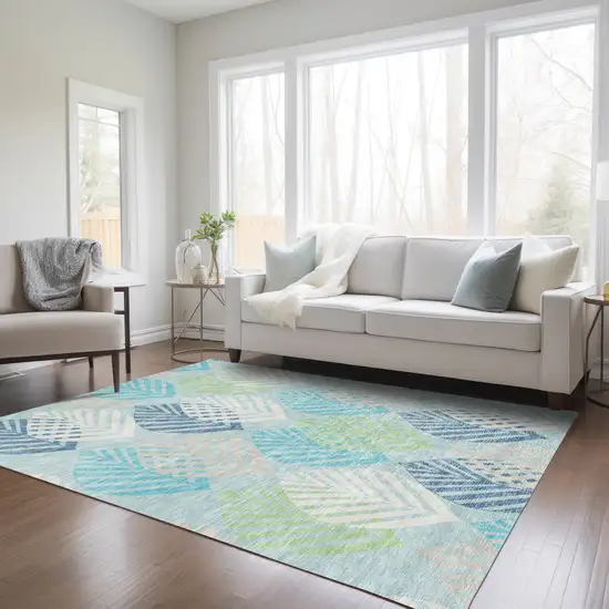 Teal Blue Aqua And Navy Blue Floral Washable Indoor Outdoor Area Rug Photo 9