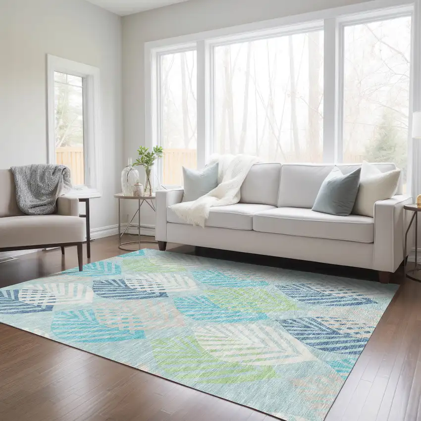 Teal Blue Aqua And Navy Blue Floral Washable Indoor Outdoor Area Rug Photo 9