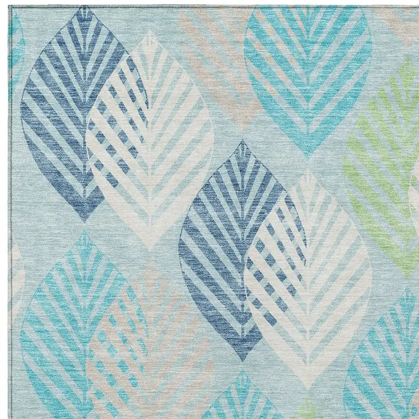Teal Blue Aqua And Navy Blue Floral Washable Indoor Outdoor Area Rug Photo 5