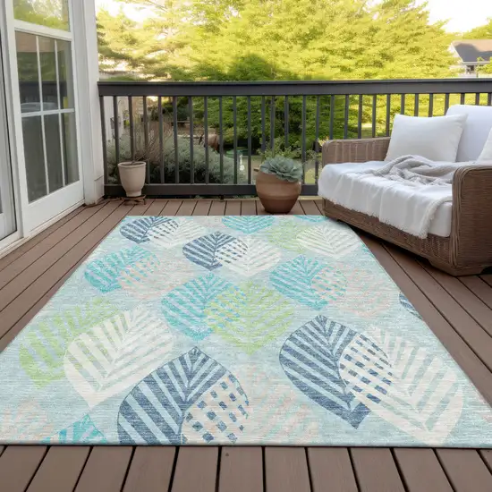 Teal Blue Aqua And Navy Blue Floral Washable Indoor Outdoor Area Rug Photo 7