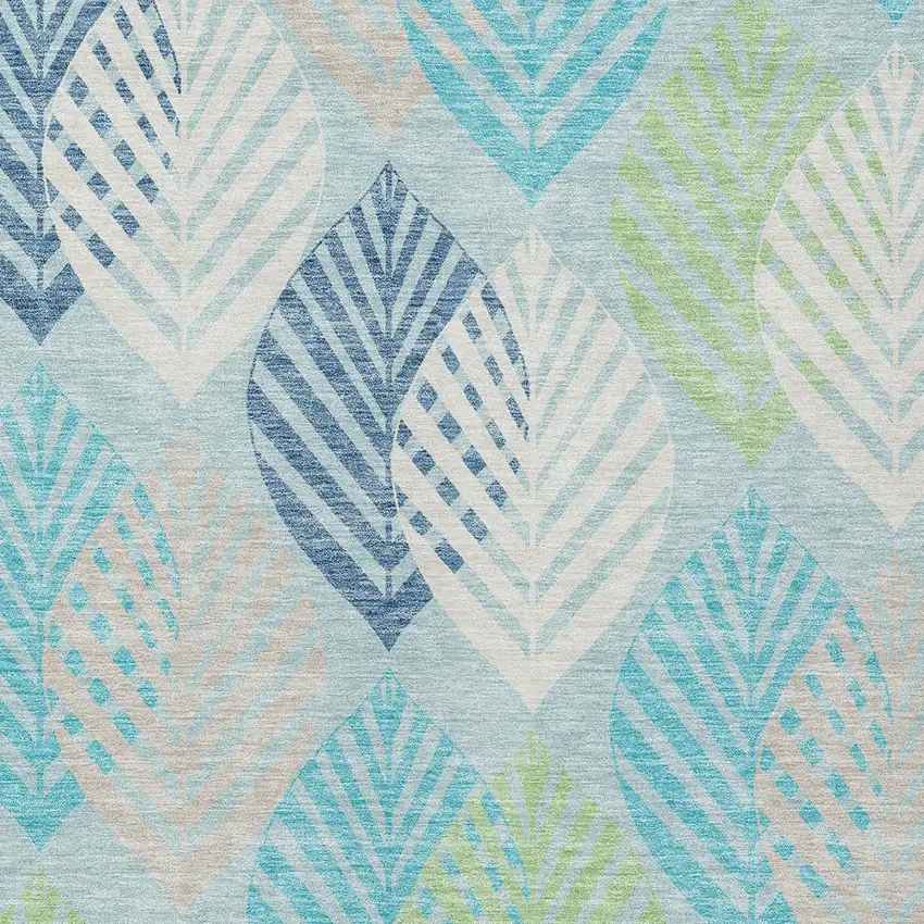 Teal Blue Aqua And Navy Blue Floral Washable Indoor Outdoor Area Rug Photo 5