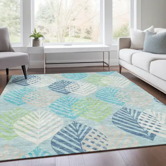 Teal Blue Aqua And Navy Blue Floral Washable Indoor Outdoor Area Rug Photo 8