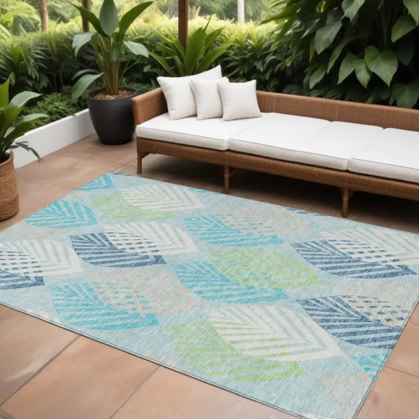 Teal Blue Aqua And Navy Blue Floral Washable Indoor Outdoor Area Rug Photo 1