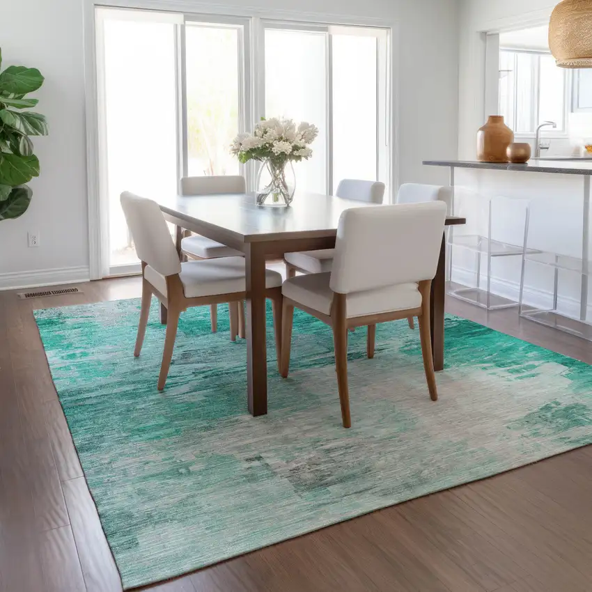Teal Blue Aqua And Silver Abstract Washable Indoor Outdoor Area Rug Photo 7