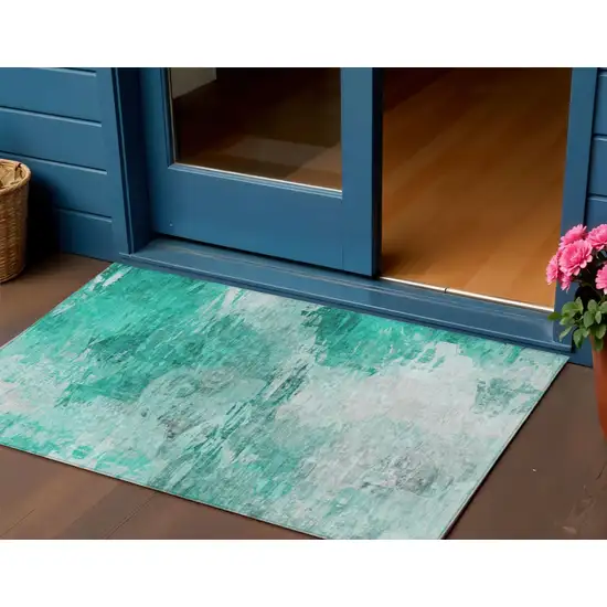 Teal Blue Aqua And Silver Abstract Washable Indoor Outdoor Area Rug Photo 1