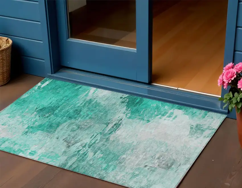 Teal Blue Aqua And Silver Abstract Washable Indoor Outdoor Area Rug Photo 1