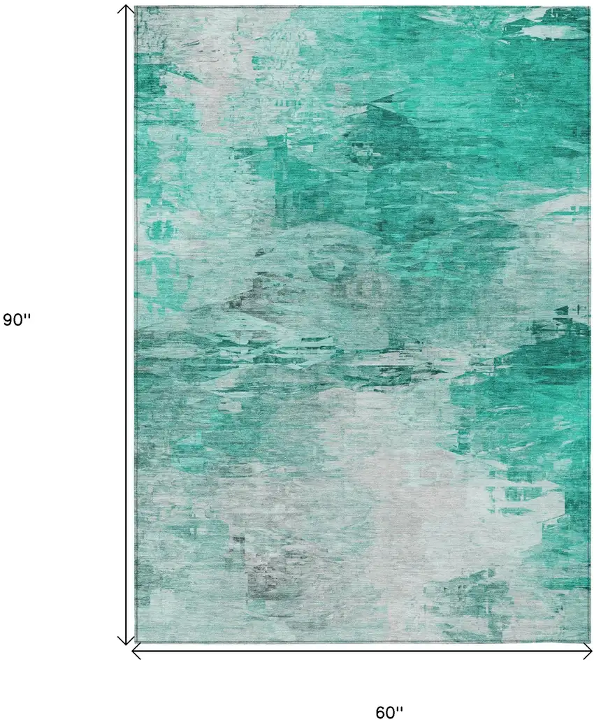 Teal Blue Aqua And Silver Abstract Washable Indoor Outdoor Area Rug Photo 3
