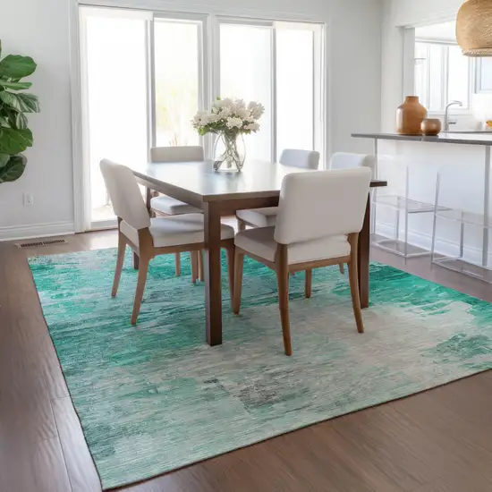 Teal Blue Aqua And Silver Abstract Washable Indoor Outdoor Area Rug Photo 9
