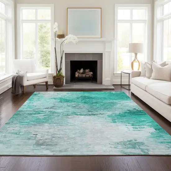 Teal Blue Aqua And Silver Abstract Washable Indoor Outdoor Area Rug Photo 8