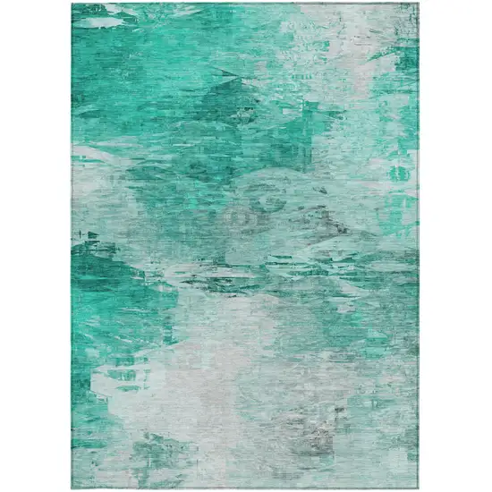 Teal Blue Aqua And Silver Abstract Washable Indoor Outdoor Area Rug Photo 6