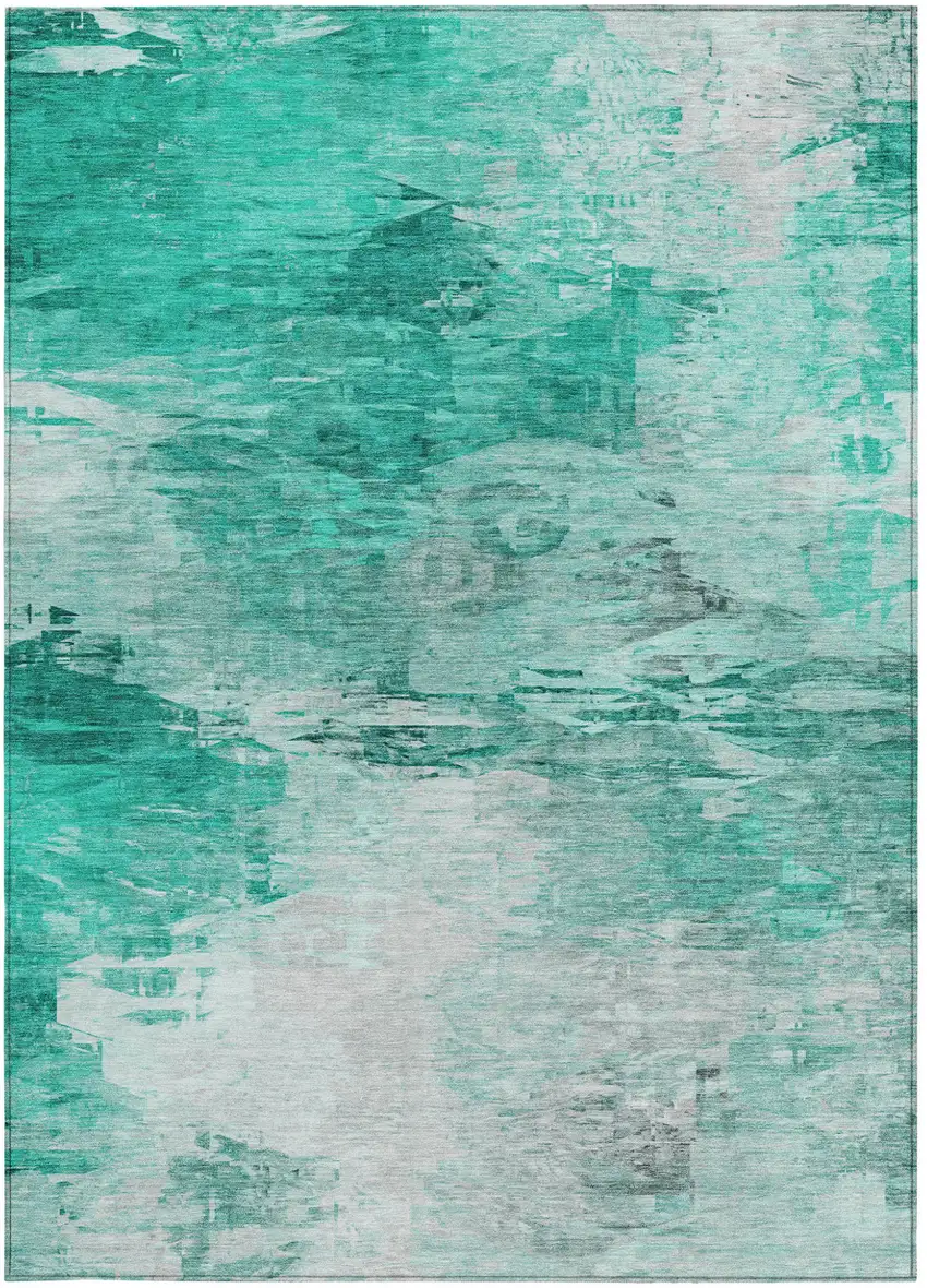 Teal Blue Aqua And Silver Abstract Washable Indoor Outdoor Area Rug Photo 6
