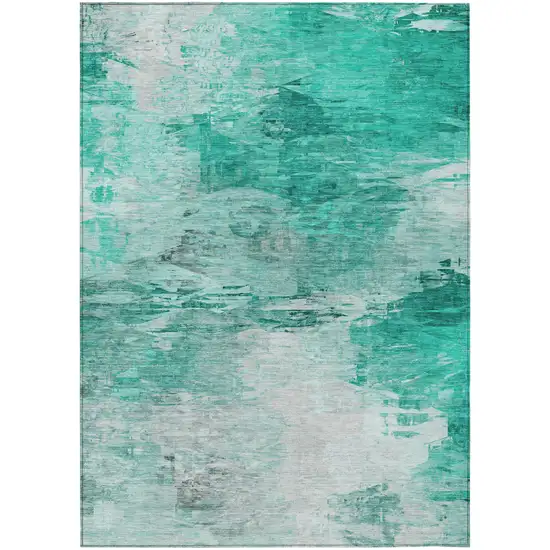 Teal Blue Aqua And Silver Abstract Washable Indoor Outdoor Area Rug Photo 2