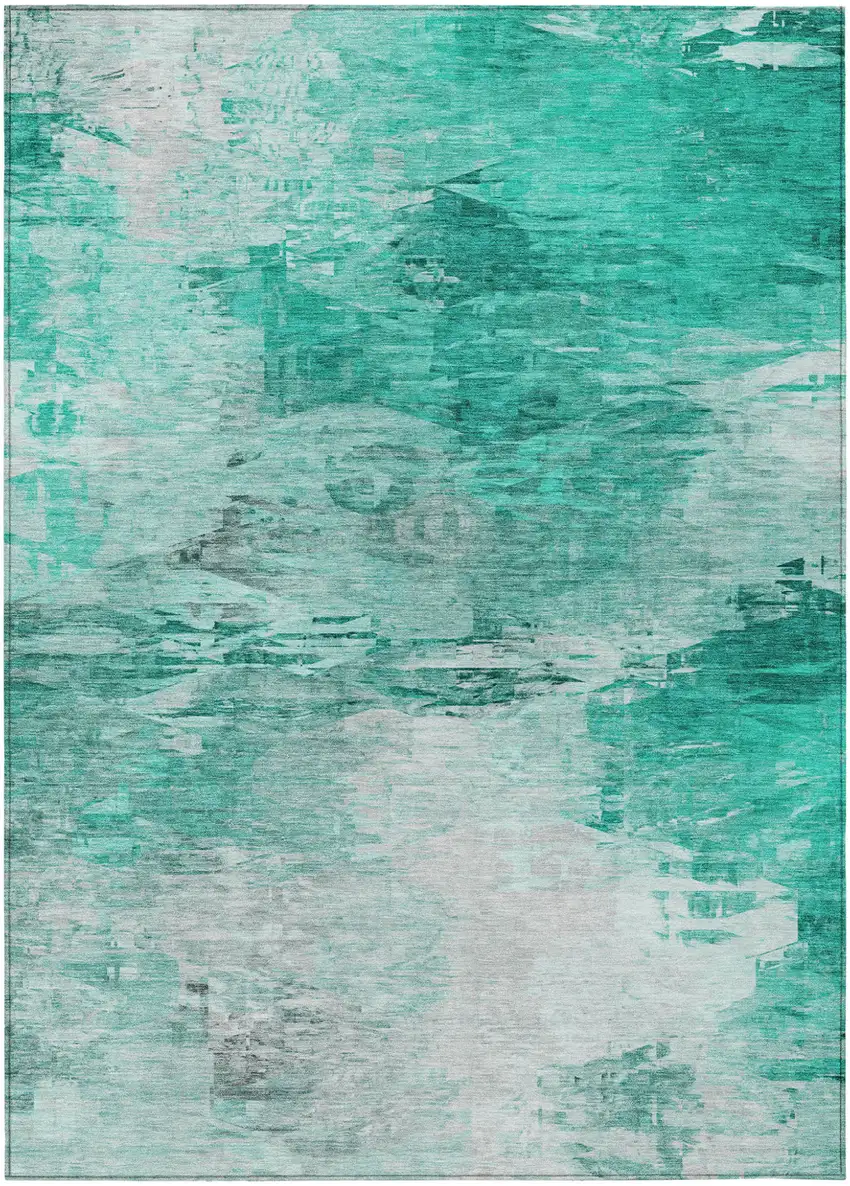 Teal Blue Aqua And Silver Abstract Washable Indoor Outdoor Area Rug Photo 2