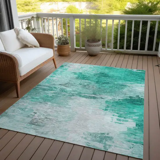 Teal Blue Aqua And Silver Abstract Washable Indoor Outdoor Area Rug Photo 7