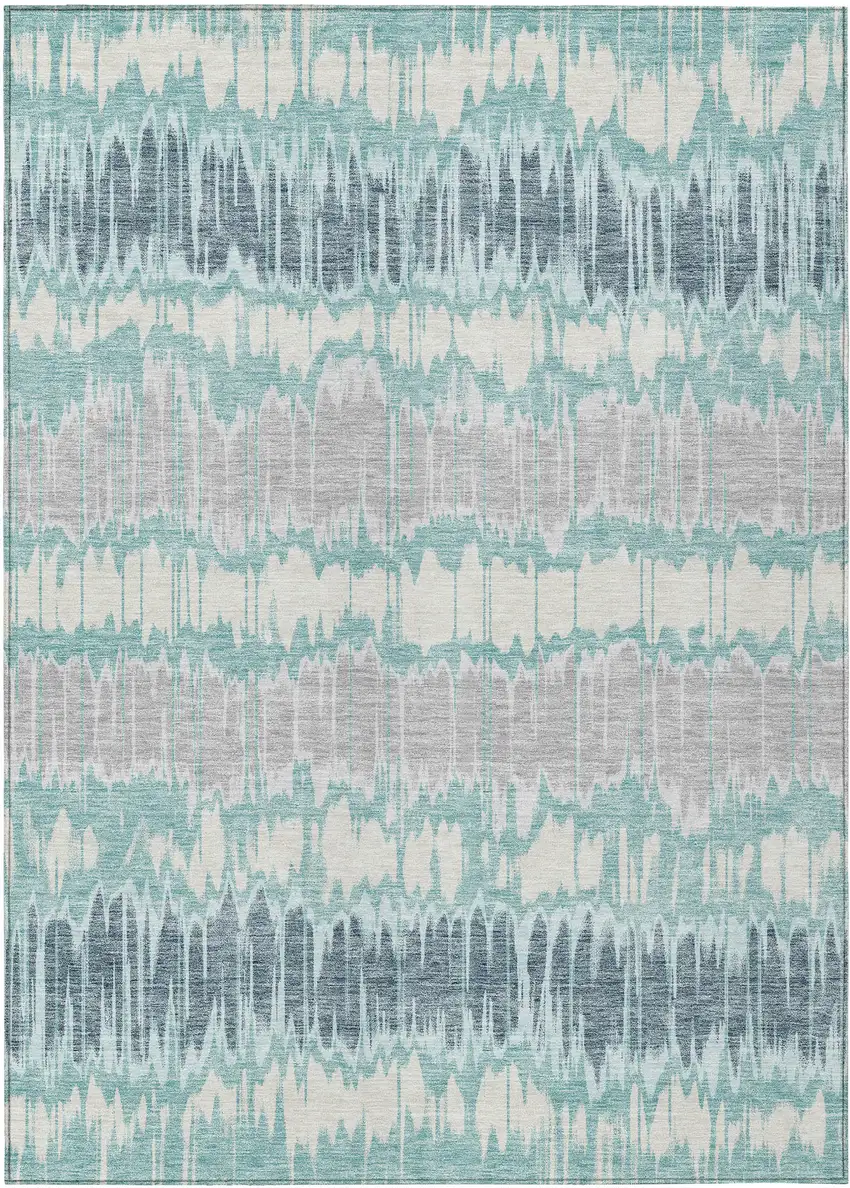 Teal Blue Aqua And Silver Striped Washable Indoor Outdoor Area Rug Photo 1