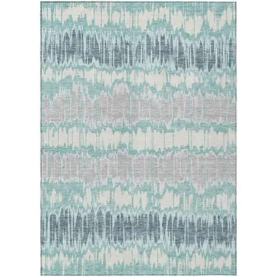 Teal Blue Aqua And Silver Striped Washable Indoor Outdoor Area Rug Photo 1