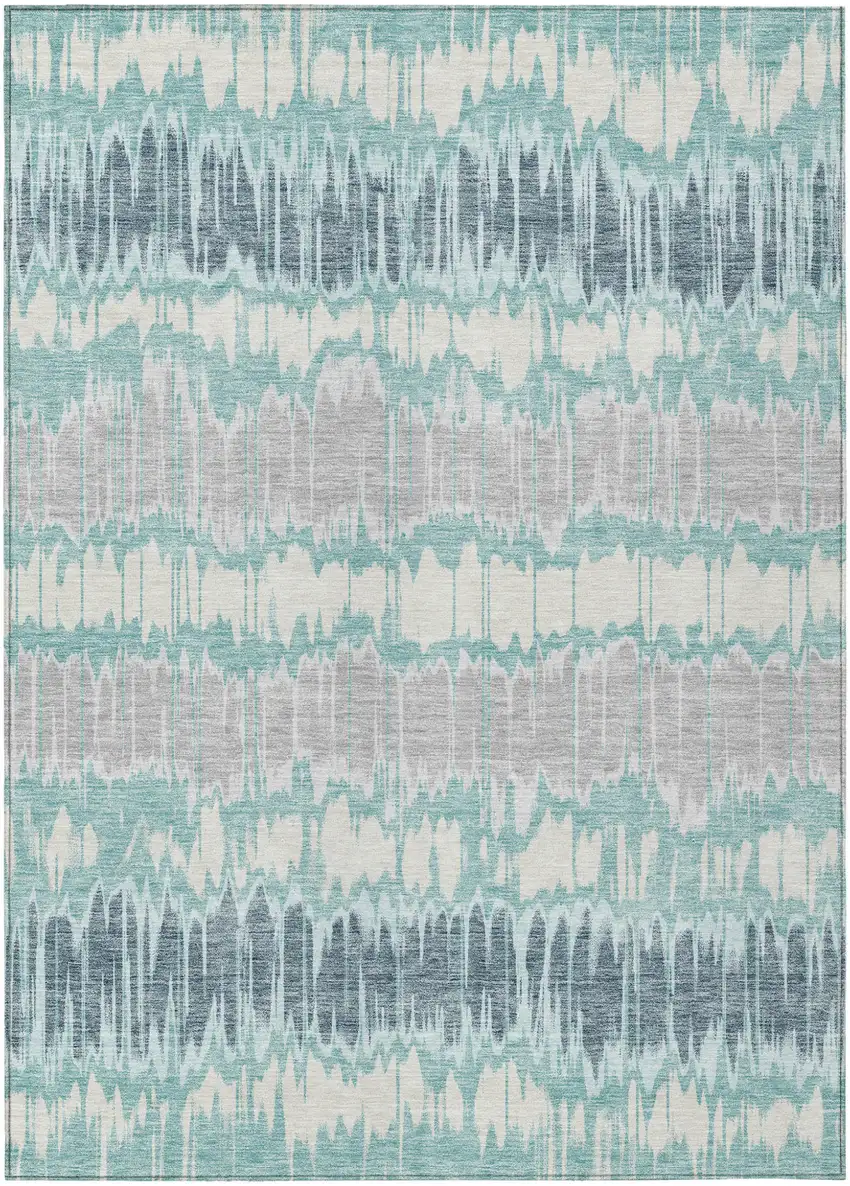 Teal Blue Aqua And Silver Striped Washable Indoor Outdoor Area Rug Photo 1