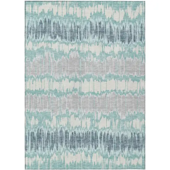 Teal Blue Aqua And Silver Striped Washable Indoor Outdoor Area Rug Photo 1