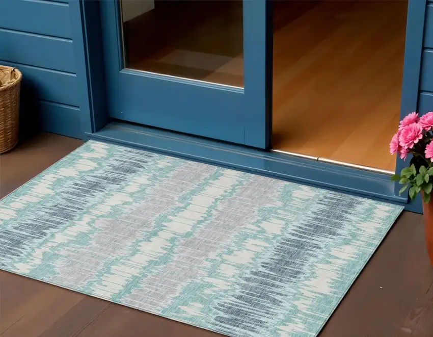 Teal Blue Aqua And Silver Striped Washable Indoor Outdoor Area Rug Photo 1