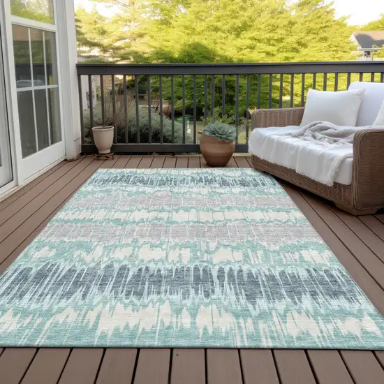 Teal Blue Aqua And Silver Striped Washable Indoor Outdoor Area Rug Photo 6