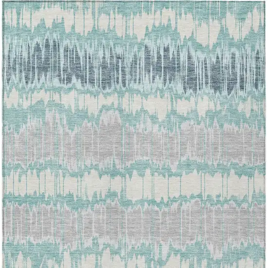 Teal Blue Aqua And Silver Striped Washable Indoor Outdoor Area Rug Photo 5