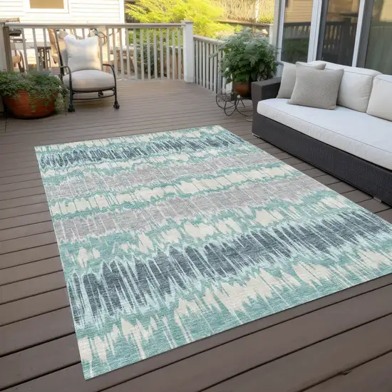 Teal Blue Aqua And Silver Striped Washable Indoor Outdoor Area Rug Photo 9