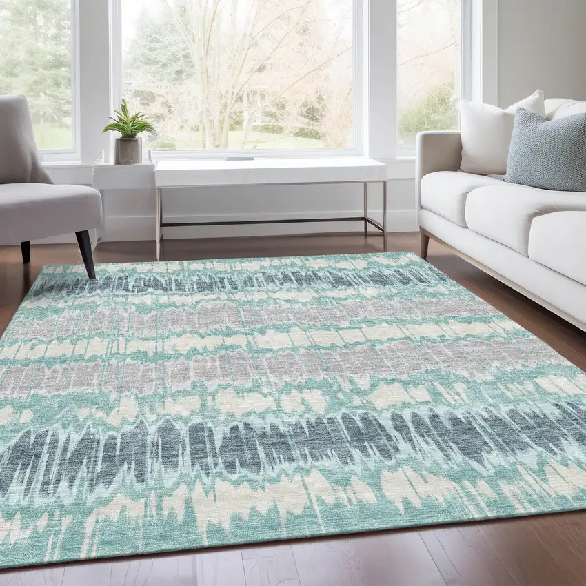 Teal Blue Aqua And Silver Striped Washable Indoor Outdoor Area Rug Photo 7