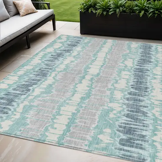 Teal Blue Aqua And Silver Striped Washable Indoor Outdoor Area Rug Photo 1
