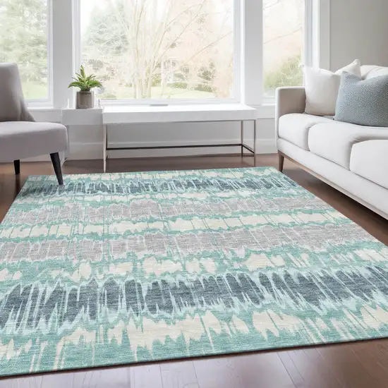 Teal Blue Aqua And Silver Striped Washable Indoor Outdoor Area Rug Photo 7