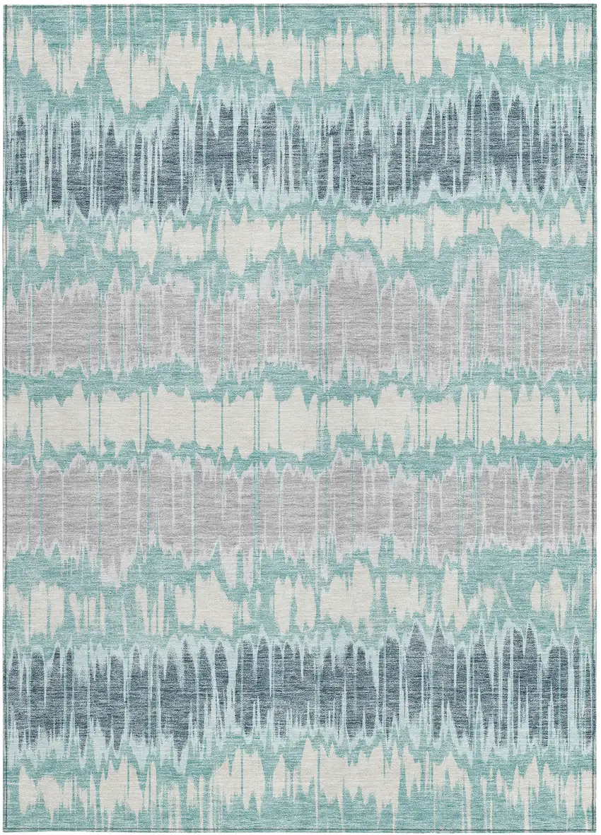 Teal Blue Aqua And Silver Striped Washable Indoor Outdoor Area Rug Photo 4