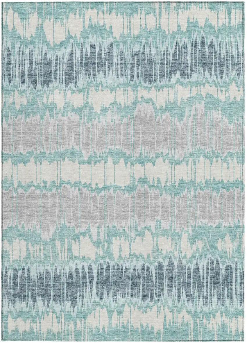 Teal Blue Aqua And Silver Striped Washable Indoor Outdoor Area Rug Photo 4