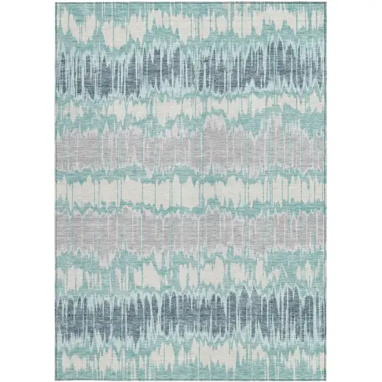 Teal Blue Aqua And Silver Striped Washable Indoor Outdoor Area Rug Photo 4