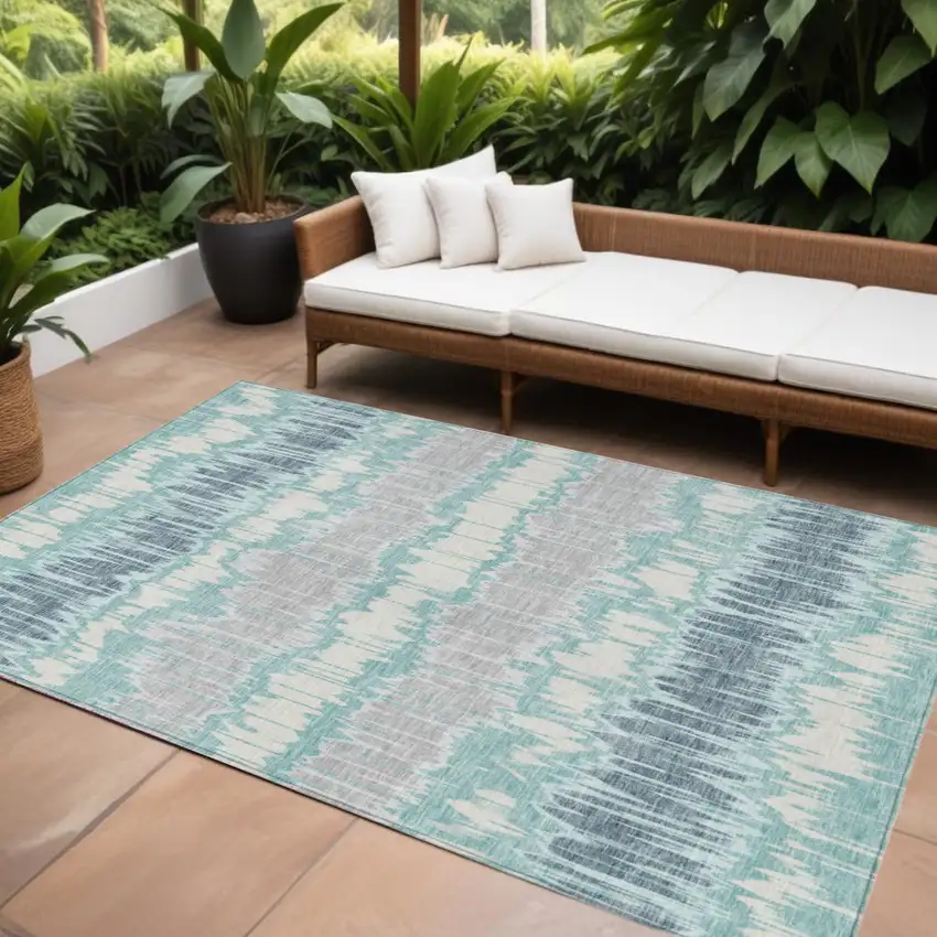 Teal Blue Aqua And Silver Striped Washable Indoor Outdoor Area Rug Photo 1