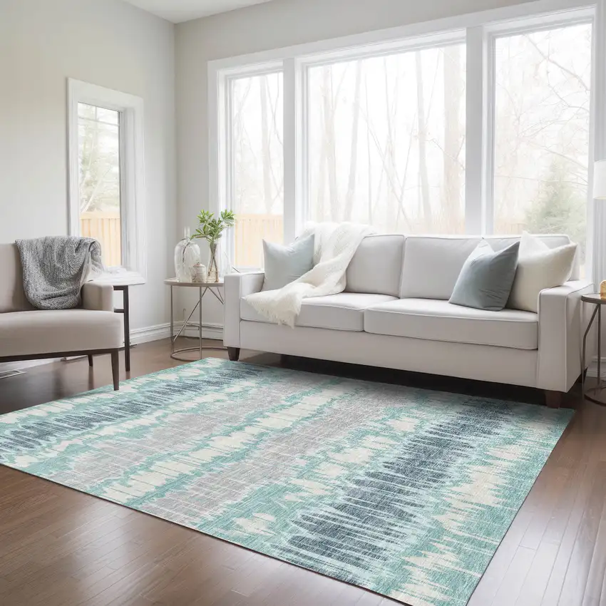Teal Blue Aqua And Silver Striped Washable Indoor Outdoor Area Rug Photo 7