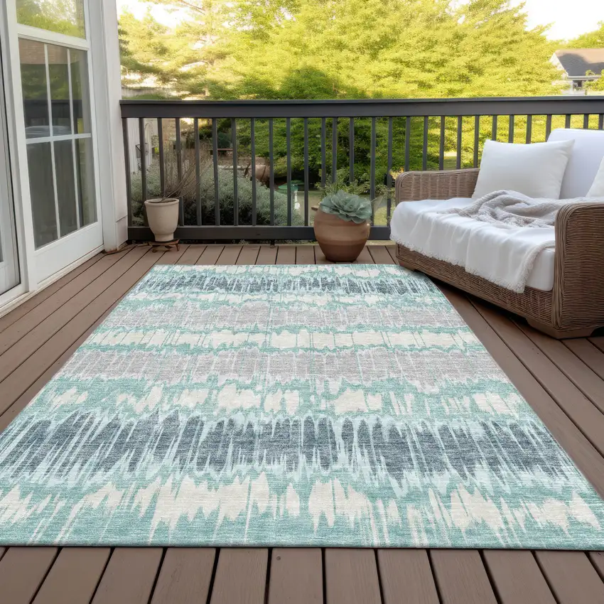 Teal Blue Aqua And Silver Striped Washable Indoor Outdoor Area Rug Photo 5